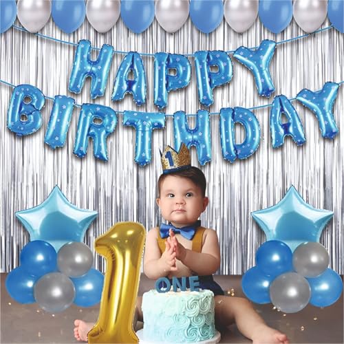 Image of Baby Boy 1st Happy Birthday Balloons Decoration Kit - 70 Pcs Blue and Silver Balloons with Star Foil Balloon Garland Set for Birthday Parties & Celebrations | Birthday Decoration for Boys