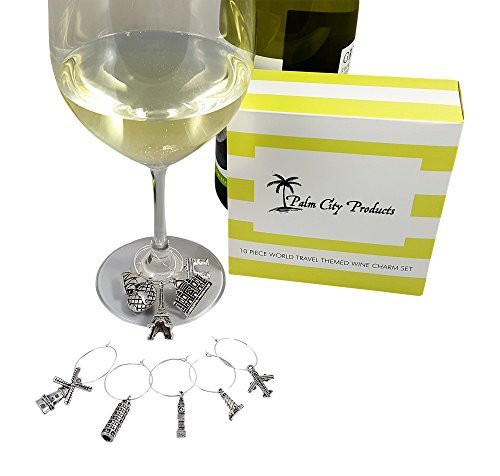 Palm City Products 10 Piece World Travel Themed Wine Charm Set - Traveler Stemmed Wine Glass Charms #TOP3