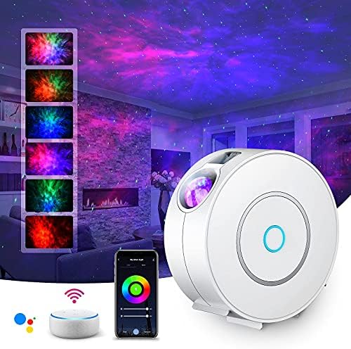 LED Star Projector Lamp, Smart Night Light for Children and Adults Galaxy Projector Lamp with RGB Adjustment/Voice Control/WiFi/Timer Compatible with Google Assistant - Plastic (White)
