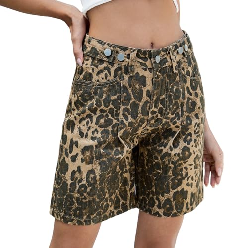 Short en jean léopard femme taille haute imprimé animalier coupe ample et fluide