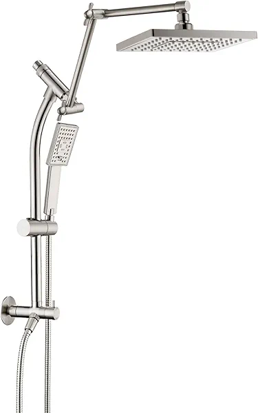 BRIGHT SHOWERS Rain Shower Heads System, Rainfall Shower Head with Handheld Spray Combo Includes Solid Brass Slide Bar, Height Adjustable Holder, Shower Extension Arm and 60" Long Hose, Brushed Nickel
