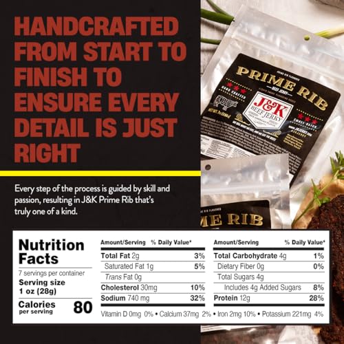 J&K Jerky Prime Rib Beef Jerky - Authentic American Made Slab Jerky for a Delicious Protein Snack - 7oz Big Bag of Jerky
