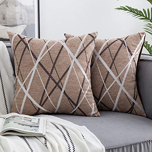 Woaboy 2 Pièces Housse de Coussin Printemps Eté Chenille Lin Tissé Taies d'oreiller Décoratif Doux Durable Moderne Carré pour La Décor Canapé Chambre Voiture Salon Balcon Café Clair 45x45cm Cover