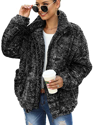 Caracilia Women's Fuzzy Fleece Lapel Open Front Long Cardigan Coat Faux Fur Warm Winter Outwear Jackets with Pockets C11A6-huise-S Dark Grey