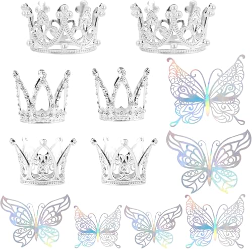 ZOSIGN Corona para Pastel, 6 Piezas Mini Plateada Corona para Decoración de Pastel, Decoración de Pastel de Corona, Adornos para Tartas de Mariposa, para Fiestas de Cumpleaños Aniversarios Bodas