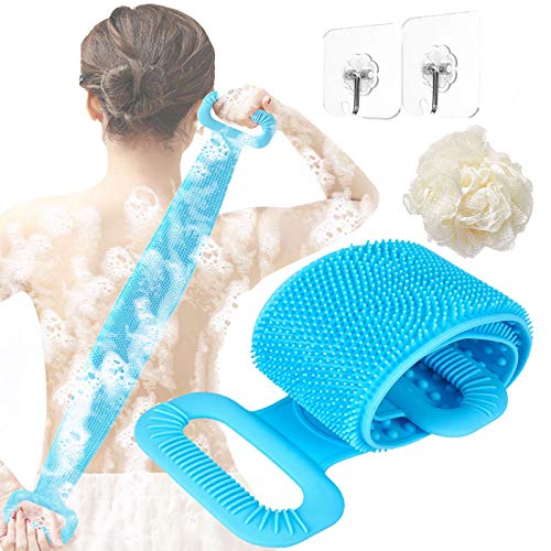 Back Scrubber for Shower, 35.5 inch 2020 Updated Extra Long Silicone Bath Body Brush, Exfoliating Brush for Men and Women, Strong Cleaning, Foams Easily, Skin Friendly Body Scrubber - Blue