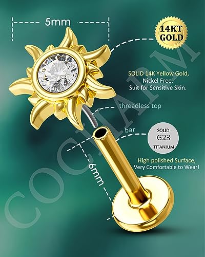 COCHARM 14K Solid Gold Threadless Sun Helix Flat Tragus Earring Stud Flat Back 16g Cartilage Earring Yellow Gold Push Pin Cartilage Piercing 8mm 6mm Tragus Piercing Jewelry4