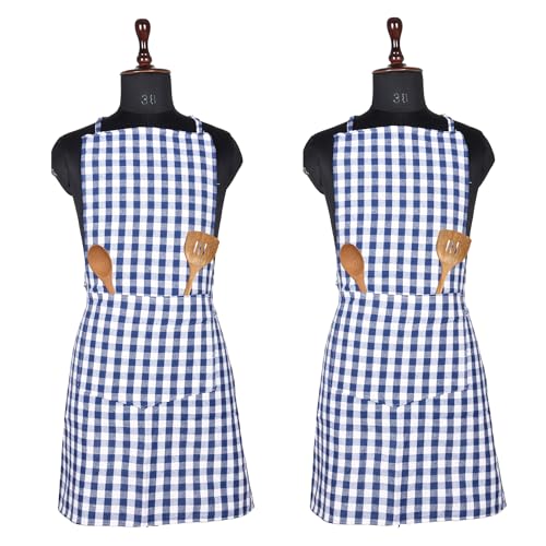 Image of Kuber Industries Kitchen Apron Set of 2 - Restaurant, Chef, Cooking Dress for Women and Men - Front Pocket, Mota Check Pattern, Blue