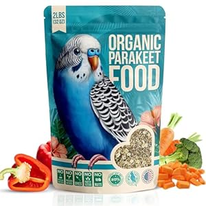 80% Organic Parakeet Food – No Dyes, Fatty Seeds, Or FIllers – Human Grade Organic Parakeet Seed, Grain & Wholesome Veggies – for Budgies, Lovebirds, Parrotlets – Made in USA (2 lbs)
