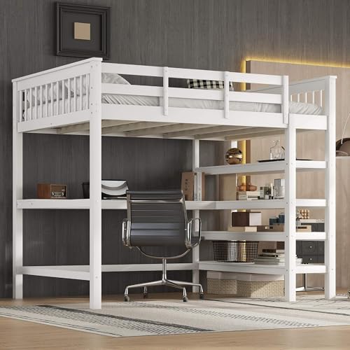 HYUB Cama alta de 140 x 200 cm con escritorio y espacio de almacenamiento, litera de madera con estantes y somier, marco de cama con protección anticaídas, color blanco