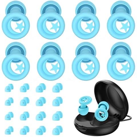 4 Pairs Ear Plugs for Sleeping, Reusable Silicone Ear Plugs for Sleeping Noise Cancelling, 33dB Noise Reduction Earplugs for Noise Sensitivity, Sleep, Snore, Travel, Focus - Lake Blue Cover