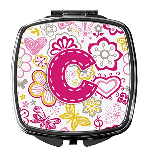 Caroline's Treasures CJ2005-CSCM Letter C Flowers and Butterflies Pink Compact Mirror Decorative Travel Makeup Mirror for Women Girls Gifts Pocket Makeup Mirror Folding Handheld
