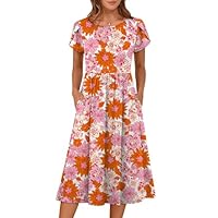 ANRABESS Vestido feminino de verão manga curta evasê midi casual floral vestido de praia rodado vestido de verão com bolsos, Estampa floral rosa laranja, XGG