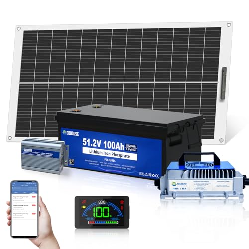 DC HOUSE 48V Golf Cart Solar System: 130W Flexible Solar Panel + 48V 100Ah LiFePO4 Battery 5120Wh + 300W MPPT Controller, 520Wh/Day, 200A BMS,99% Charging Efficiency