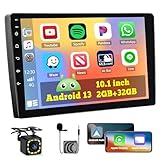 Hikity Android Car Stereo Double Din, 10.1 Inch Touchscreen Wireless Carplay Android Auto Indash Radio with GPS Bluetooth FM WiFi Mirror Link SWC + Backup Camera/Microphone