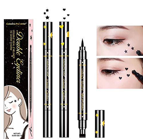 Double-end Winged Eyeliner Stamp Pen, Long Lasting Waterproof & Smudgeproof Natural Looking Brows with 2 in 1 Eye Makeup 2PCS (Natural black)