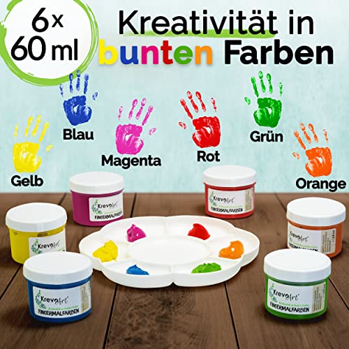 Krevo Art Fingermalfarben – ungiftige & auswaschbare Fingerfarben für Kinder ab 2 Jahre, 6 leuchtende Farben je 60ml, vegan & geruchlos – inkl. kreativer Malvorlagen für extra Malspaß!