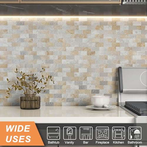 VAOVI 3D Self Adhesive Tiles for Walls,Kitchen Stick on Splashback Tiles Splash Wall Panels for Bathroom Mosaic Brick Waterproof(5Tiles,Beige Gray)