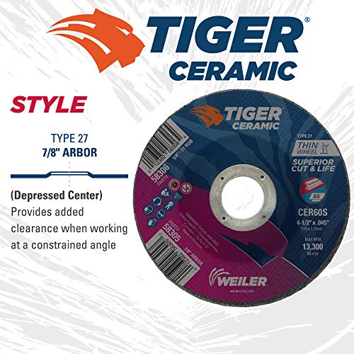 Image of Weiler 58305 4-1 /2 Inch Cutting Wheel, Tiger Ceramic Stainless Steel Superior Life & Cut Contaminant Free Max Performance Cutting, .045 inch CER60S Type 27 7 /8 inch Arbor, Pack of 25