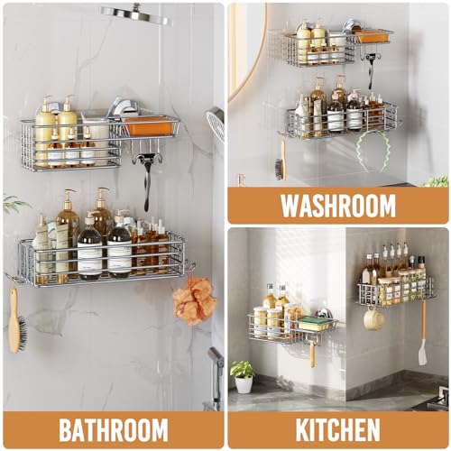 Image of LEVERLOC Shower Caddy Suction Cup, 2 Pack Heavy Duty Bathroom Organizer for Inside Shower with Hooks & Soap holder, Removable and Rustproof Silver bathroom Holder Storage