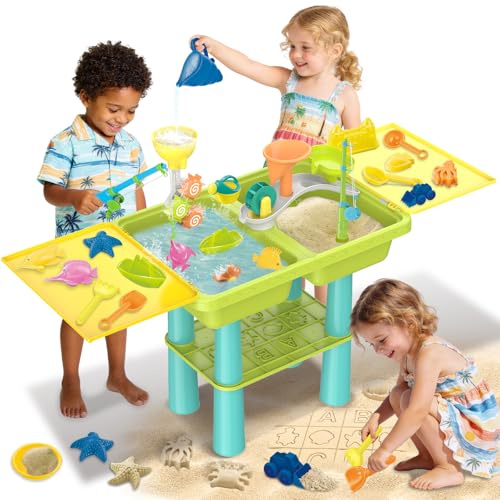 deAO Mesa de água e areia 3 em 1 para crianças - jogos de mesa ensorial infantil com pás, rastrilho, regador e cana de pesca - jogos ao ar livre, jardim - presente para crianças de 3 anos (verde)