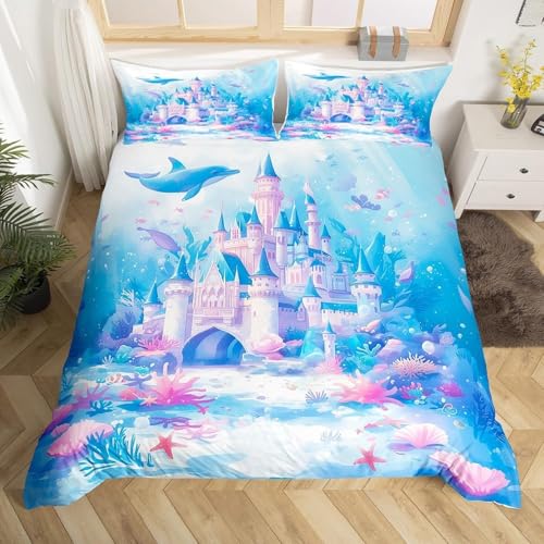 NDXRWDZR 布団セット 青いプリンセス城 枕カバー付寝具 柔らかい 通気性 抗菌 防臭 防ダニ ポリエステル布団カバー 190x210 cm + 2 枕カバー 43x63 cm
