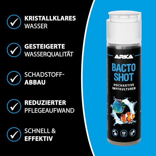 Aquarium Bakterien Shot – klares Wasser in 24 h – lebende Reinigungsbakterien & Filterbakterien Konzentrat – gegen Trübung, Nitrit & schlechte Wasserwerte – für Süß- & Meerwasser – ARKA Bacto-Shot