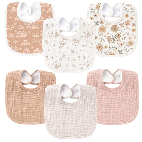 Image of Konssy 6-Pack Muslin Baby Bibs for Boys & Girls, Soft Cotton Absorbent Bandana Drool Bibs for Drooling & Teething