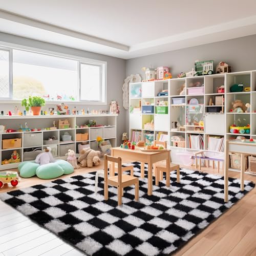 Teppich Kariert Wohnzimmer 90x150cm, Waschbarer Teppich Schlafzimmer Schwarz Weiß, Flauschig Hochflor Antirutsch Teppiche Schachbrettmuster, Modern Schachbrett Carpet für Living Room Kinderzimmer