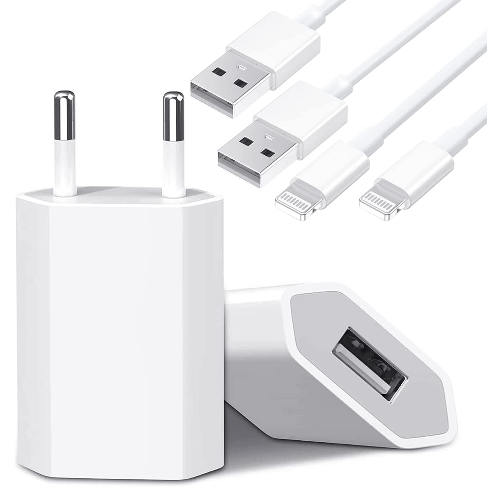 Caricatore iPhone - Certificato Apple MFi - 2 Pack Caricabatterie USB da Muro e 1M Cavo da Lightning a USB 5V-1A Presa Alimentatore Ricarica Spina Compatibile con 13/SE/12/11/XS Max/XR/X/8/7/6/iPad 5W Caricatore iPhone