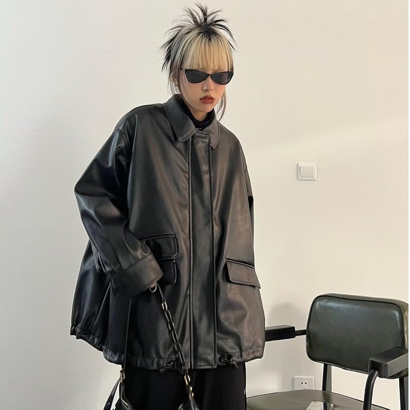 Y2K Faux Leather Jacket Women Dark Academia Oversized Leather Jacket Harajuku Grunge Motorcycle Jacket Punk Coat2