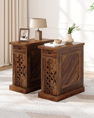 Tribesigns Table d'appoint étroite avec tiroir et armoire, table d'appoint de style rustique pour petit espace, salon, chambre à coucher, marron rustique