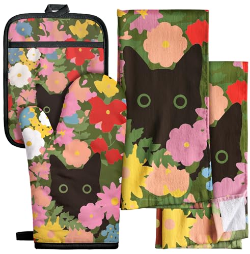 Miss Adola 270 GSM Cotton Kitchen Towels, Oven Mitt and Pot Holder - 4 Pack Kitchen Decor and Accessories Set Spring Cute Farmhouse Boho Quilted Lining Heat Resistant Set with Hanging Loop, Cat Flower