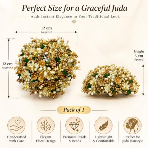 Image of Hair Flare Gilded Floral Hair Juda Bun, Golden and Green bun adorned with glossy artificial flowers, beads, and pollen. Includes Juda pins 2828