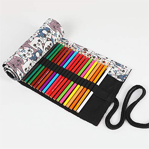 Image of Funny live 24 /36 /48 /72 Slots Colored Pencil Wrap Roll up Pen Holder Case Drawing Coloring Pencil Roll Organizer Stationery Case for Student Artist Traveler (Big-Head Cats, 24 Slots)