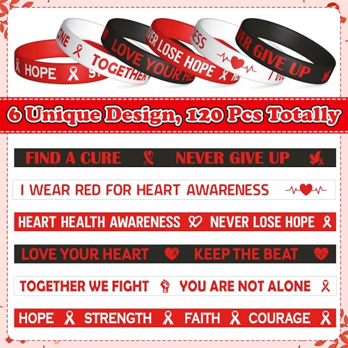 WATINC Heart Health Awareness Silicone Wristband - Red Ribbon Heart Cancer Disease Awareness Bracelets,Motivational Inspirational Heart Beat Rubber Bracelet Events Gifts for Men Women Teens(120Pcs)3