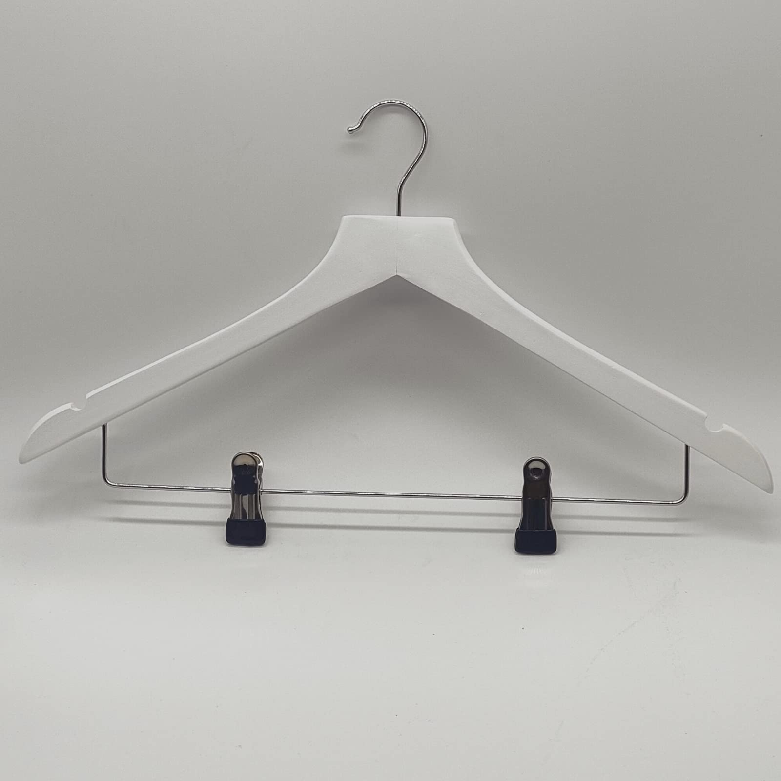 Completeshopfittings White High-Grade Wooden Suit Hangers Skirt Hangers With Clips Solid Wood Pants (20)