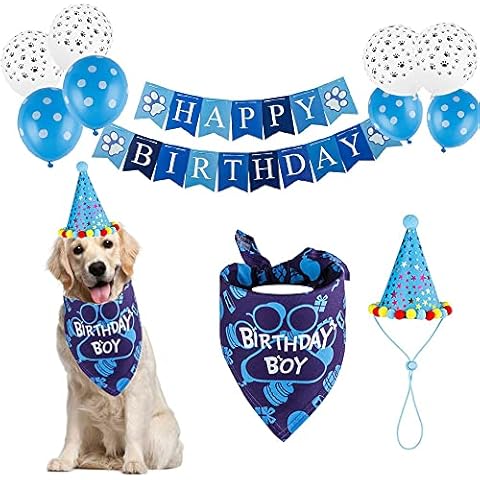 TEKCAM Dog Birthday Party Supplies Birthday Bandana Hat Set for Dogs Boy Puppy Cute Happy Birthday Banner Balloon Triangle Scarf for Small Medium and Large Dog Gift Party Decorations (Blue) Cover