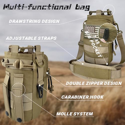 Image of 32 oz Insulated Water Bottle with Sleeve - Tactical Stainless Steel Metal Water Jug, Wide Mouth Gym Water Bottles for Men Sports Workout Hiking with Pouch Khaki