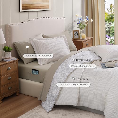 King Comforter Set - 7 Pieces Beige Gauze Muslin Bedding Sets for All Seasons, Lightweight Breathable Bed in a Bag King with Revesible Farmhouse Comforter, Sheets, Pillowcases & Shams