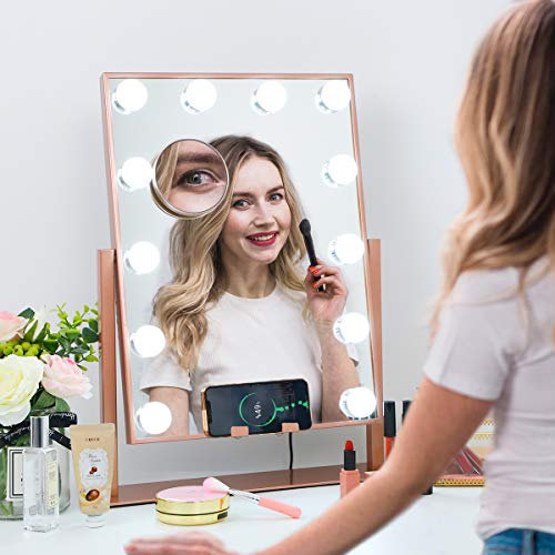 MISAVANITY Hollywood Vanity Makeup Mirror with Lights, Large Vanity Mirror with Wireless Charger and 10X Magnification, Beauty Cosmetic Mirror with 12pcs Dimmable LED Bulbs for Tabletop Dressing Room
