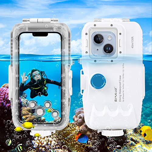 PULUZ Coque de plongée à valve unidirectionnelle pour iPhone 14/14 Pro / 13/13 Pro / 12/12 Pro - Boîtier étanche IP68 - Étanche aux chocs et à la poussière - Blanc