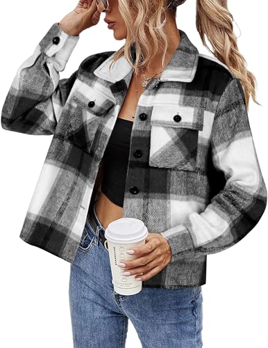 HOTOUCH Woman Black Shacket Short Flannel Jacket Ladies Plaid Shakets With Pockets Fall Clothes