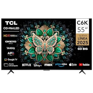 TCL TV QLED-MiniLED de 55 polegadas Smart Google TV, resolução 4K, Dolby Vision Atmos, 144Hz, sistema Hi-Fi ONKYO 2.1, Dolby Vision HDR, design ultrafino – 55C6K (modelo 2025)