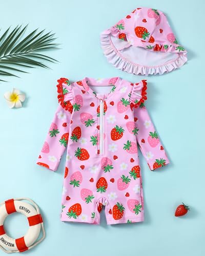 Toddler Girl Swimsuit Baby Girl Bathing Suit Long Sleeve Floral Zipper One-Piece Rash Guard Swimsuit with Hat2