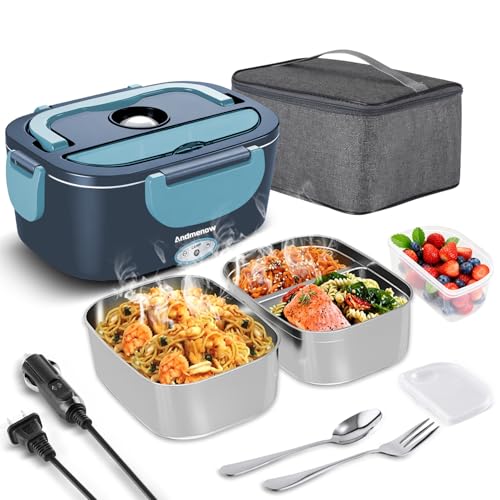 Heated Lunch Box for Adults  80W 1.5L Electric Lunch Box with 12/24/110V, Portable Food Warmer for Work & Travel | Stainless Steel Inner Pot | Lonchera Electrica Portatil para Hombres y Mujeres