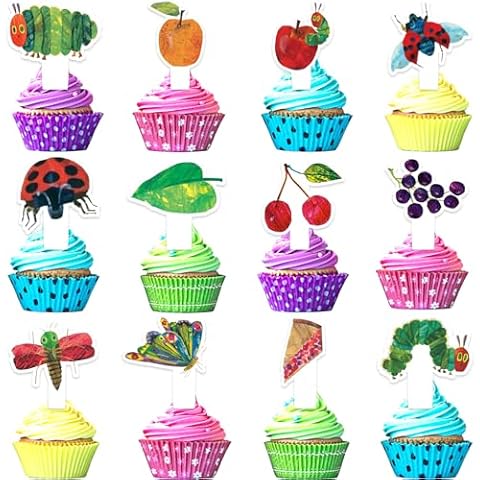24 Pieces Hungry Caterpillar Cupcake Toppers Set Painting Theme Happy Birthday, Kids Caterpillar Themed Party, Book Party, Baby Shower or Boys and Girls Birthday Party Decoration Supplies. LIANGSS Cover