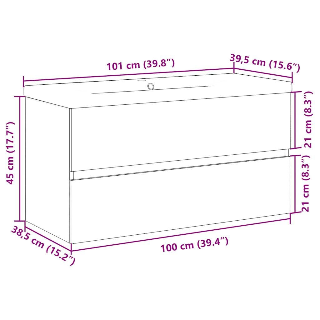 Mobile sottolavabo con lavabo da incasso, in legno di quercia Artisan, 100 x 38,5 x 45 cm, mobile da bagno con cassetto e ripiano per ospiti WC e bagno