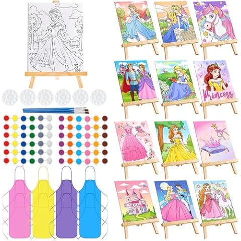 Ireer 12 Sets Kids Paint Party Kits Include 12 Princess Pre Drawn Canvas with Drawing Boards 12 Easels 12 Sets Brushes 12 Palettes 12 Sets Acrylic Paints 12 Aprons for Princess Party Birthday Gifts Cover