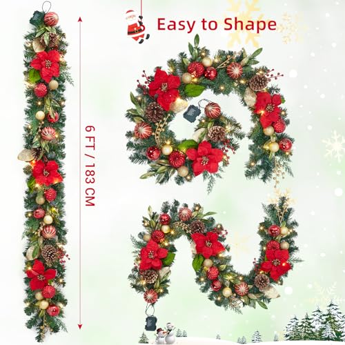 GarveeHome 6FT Christmas Garland with Lights, Prelit Mantle Christmas Garland with Battery Operated Lights Berries Red Poinsettia, Indoor Outdoor Xmas Garland for Fireplace Stairs Holiday Decorations